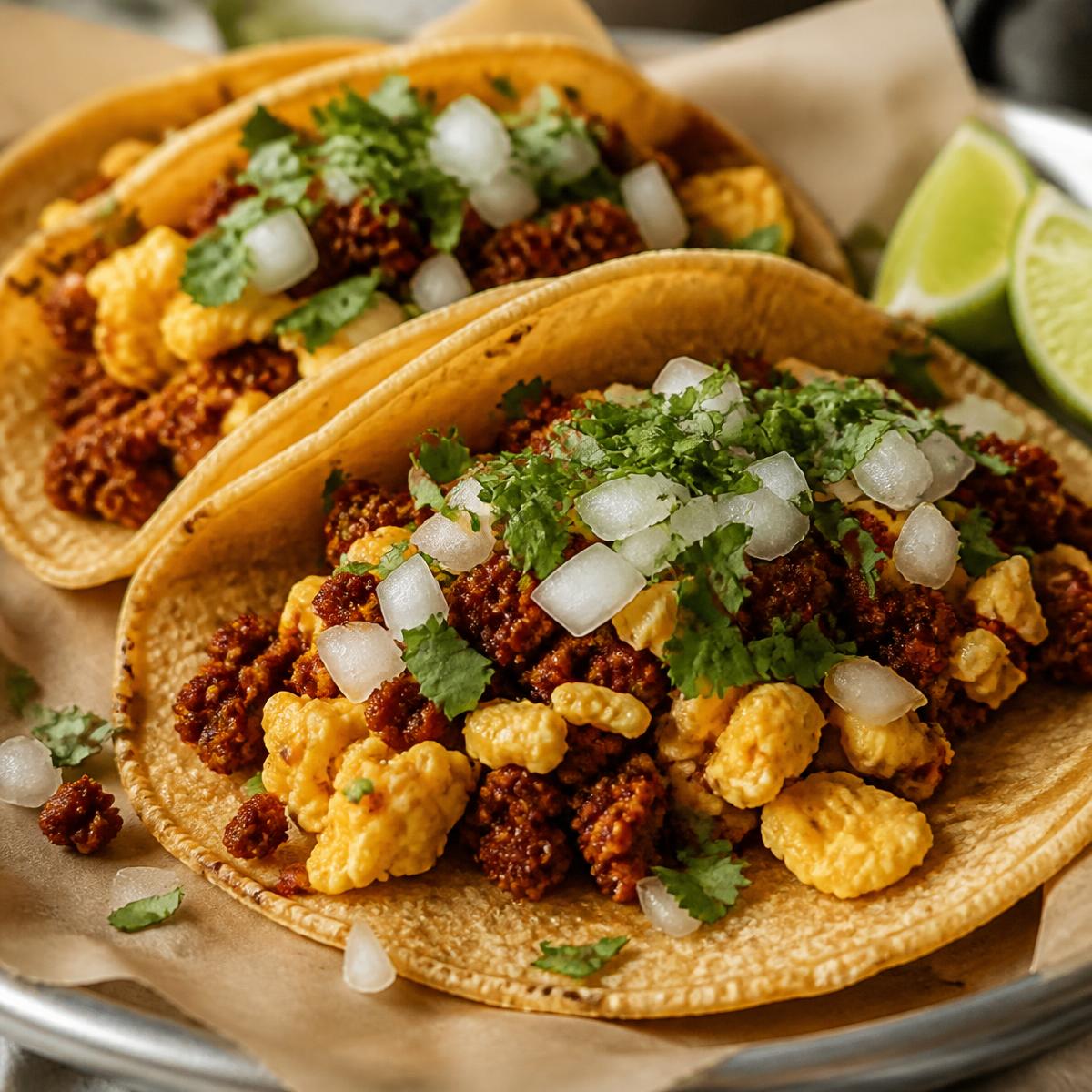 Chorizo and egg breakfast tacos with cilantro and onion