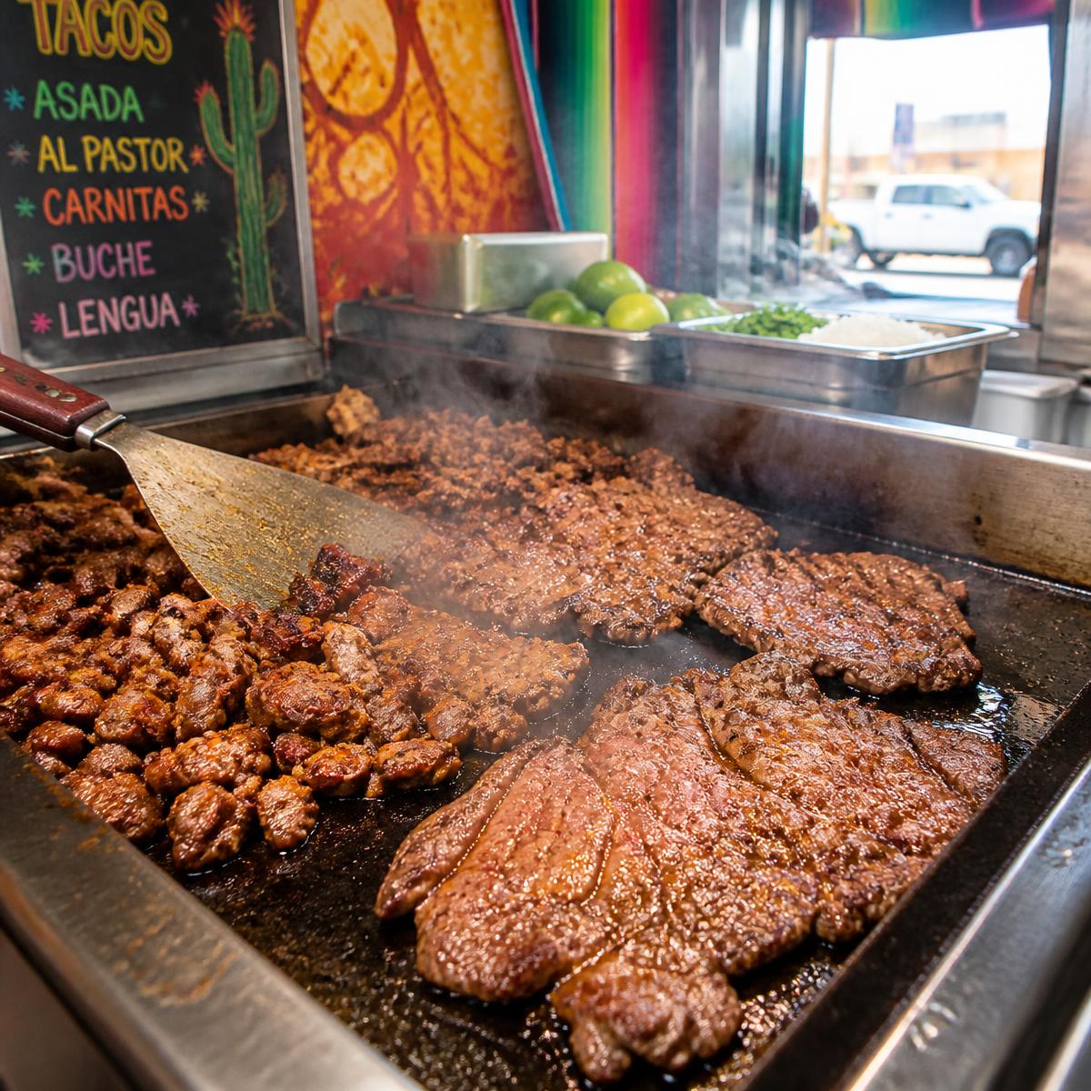 Carne asada sizzling on the plancha inside the taco truck
