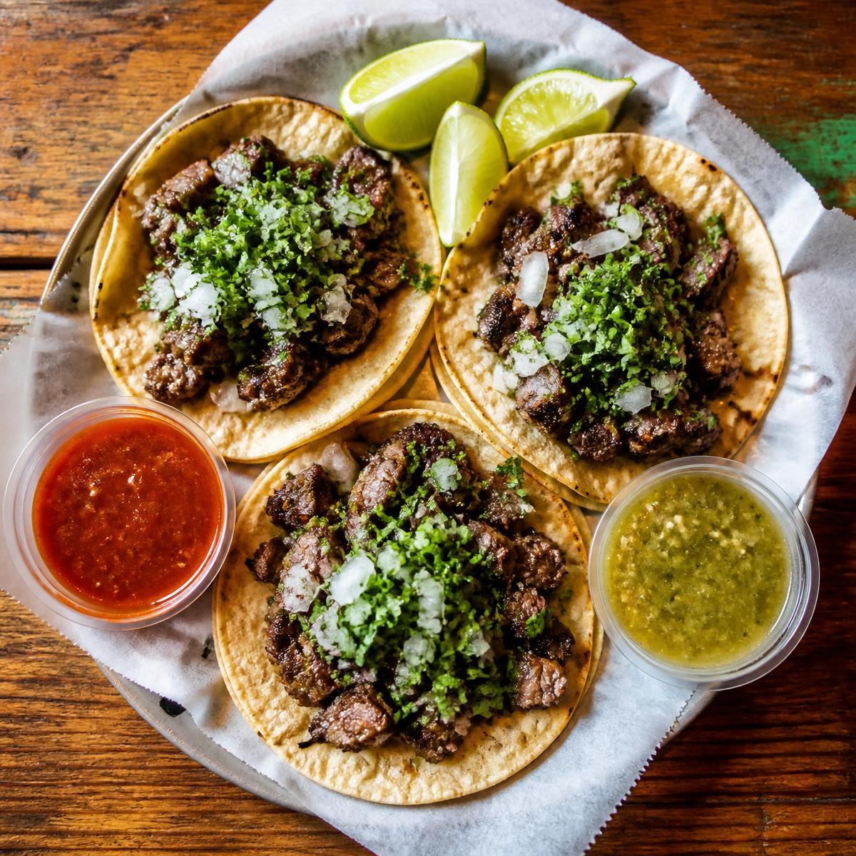 Tacos de asada with red and green salsa and lime wedges